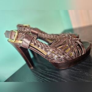Ralph Lauren "FAYRE" Brown Woven Heeled Sandals Women's Size 8.5